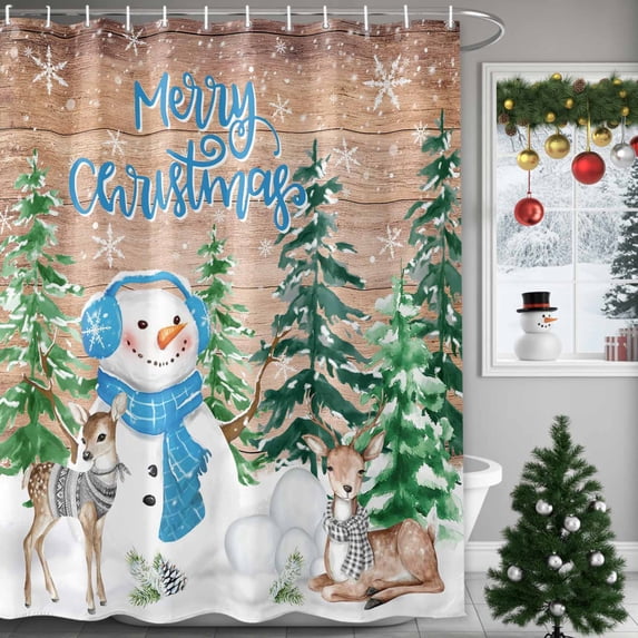 Retro Snowman Deer on Farm Wood Board Shower Curtain for Bathroom, Winter Snowflake Waterproof Shower Curtains Washable Quick Dry with Hooks Bathtub Curtains 60x72IN