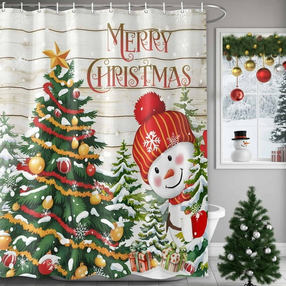 Retro Snowman Merry Christmas Shower Curtains for Bathroom, Xmas Tree Winter Snowflake Waterproof Fabric Shower Curtain for Bathroom Bathtub Decoration, Machine Washable, 60"x72"