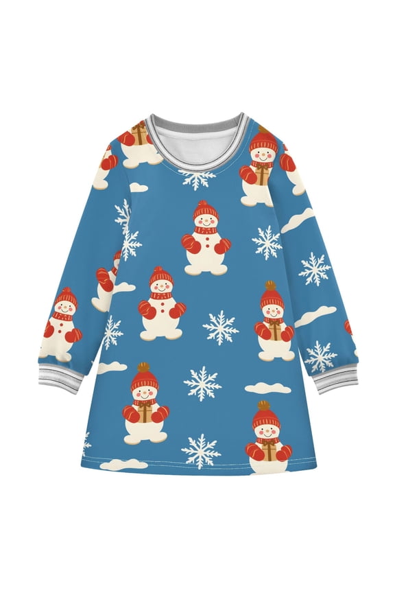 Retro Snowman Pattern Girls'long-sleeved dress Thickened A-dress Warm Dress Basic Shirt Party Dresses