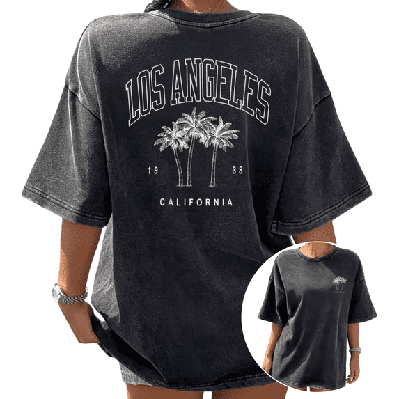 Retro So Cal Urban Aesthetic Womens Black Distressed Los Angeles Palm T-Shirts Tops