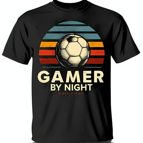Retro Soccer Ball Black T-Shirt with Sunset Stripes 'GAMER BY NIGHT' & ' BY DAY' Design