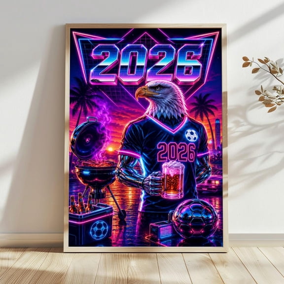 Retro Soccer Eagle Neon Synthwave American Sports Wall Art Futuristic Tailgate Decor Print, Unframed Paper Print