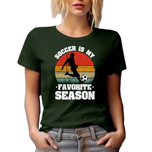Retro Soccer Is My Favorite Season Quote with a Soccer Player and a Goal, Military Green T-Shirt, Small