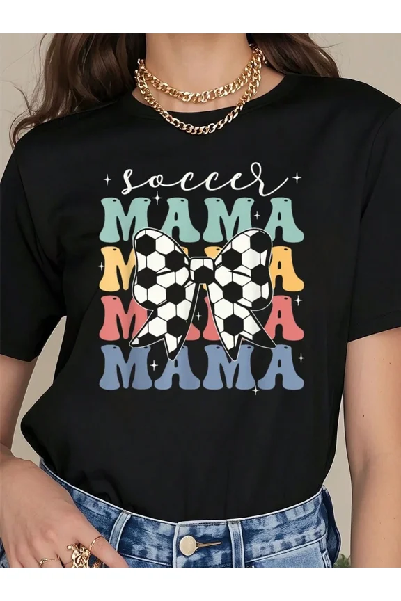 Retro Soccer Mama Graphic Tee Women's Vintage Sports Mom T-Shirt Cute Soccer Bow Game Day Apparel