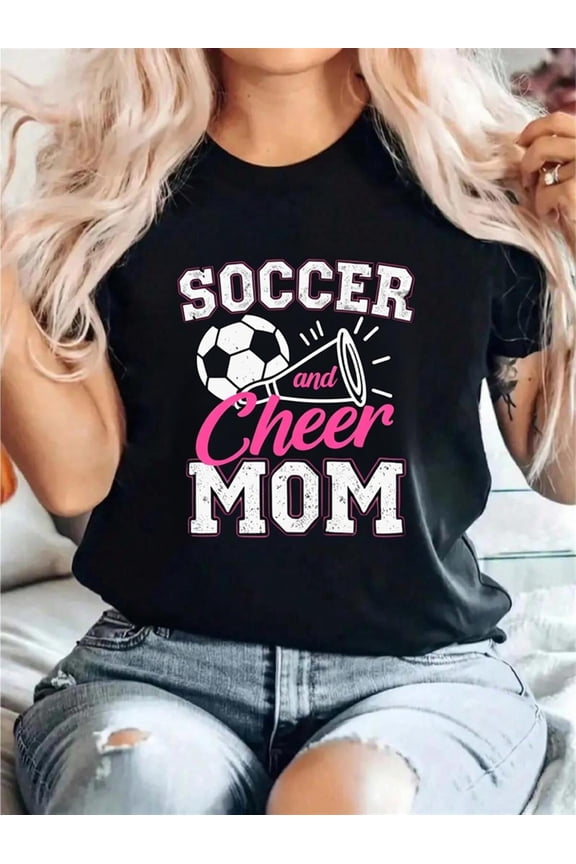 Retro Soccer and Cheer Mom Graphic T-Shirt Funny Sports Mother Game Day Women's Short Sleeve Tee Cute Athletic Apparel