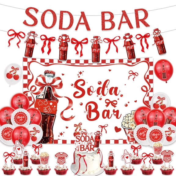 Retro Soda Bar Diner Decor Set, Red Check Soda Pop Supplies, Banners, Backdrop, Cake & Cupcake Toppers, Latex Balloons for Birthday Milestone Photo Booth Events