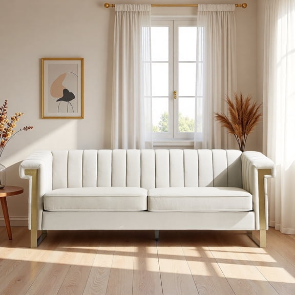 Retro Sofa Modern Cream Velvet Sofa with Gold Accents - Sleek Channel-Tufted Upholstery, 3-Seat Couch for Living Room and Office Decor (White)