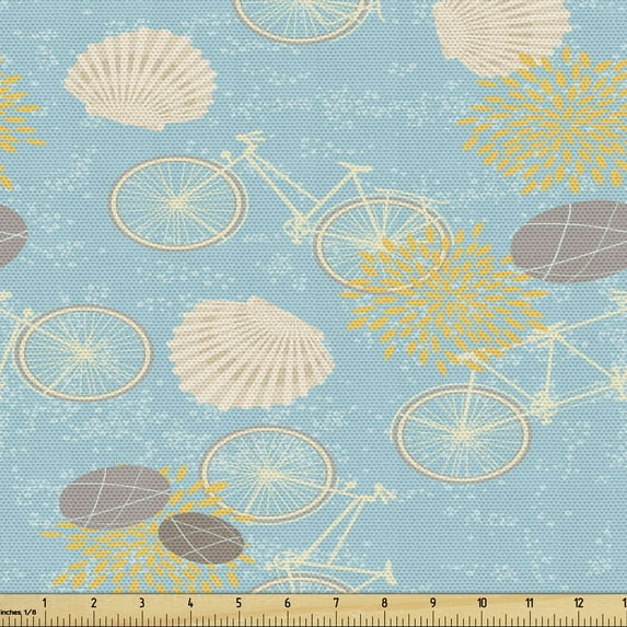 Retro Sofa Upholstery Fabric by the Yard, Bicycles Seashells and Pebbles Patterns Orange Fruit Pips, Decorative Fabric for DIY and Home Accents, Pale Teal Mustard by Ambesonne