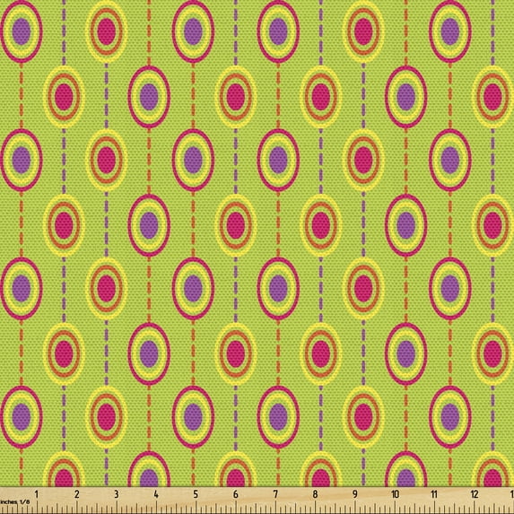 Ambesonne Retro Fabric by the Yard Upholstery, Dash Lines and Nested Circles, 3 Yards, Apple Green and Fuchsia