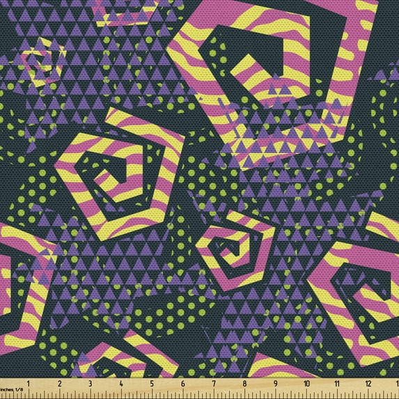 Retro Sofa Upholstery Fabric by the Yard, Creative Geometric Edgy Spirals Triangles Memphis Art Pop Style Design, Decorative Fabric for DIY and Home Accents, Dark Teal and Multicolor by Ambesonne