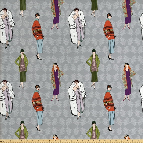 Retro Sofa Upholstery Fabric by the Yard, Flapper Girls 20s Style Pattern Retro Women's Fashion Party Theme Floral Background, Decorative Fabric for DIY and Home Accents, Multicolor by Ambesonne