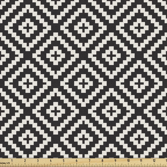 Ambesonne Retro Fabric by the Yard Upholstery, Monochrome Symmetric Squares, 1 Yard, Charcoal Grey and Ivory