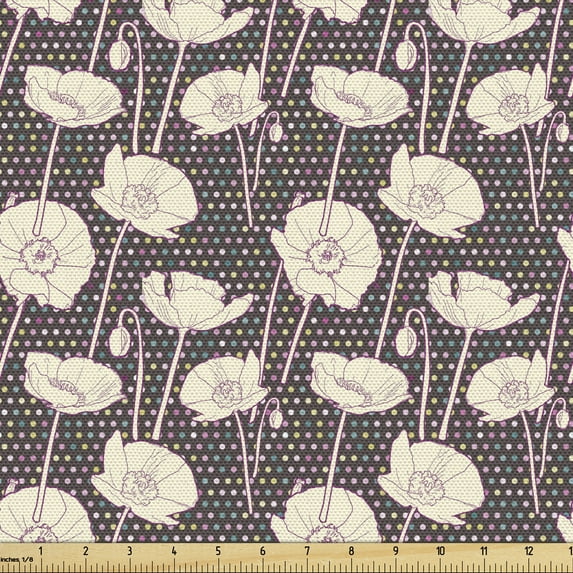 Ambesonne Retro Fabric by the Yard Upholstery, Poppy Flower Branches Dots, 2 Yards, Ivory and Brown