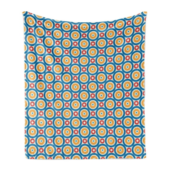 Retro Soft Flannel Fleece Blanket, Big and Small Circles with Dots Vibrant Colored Symmetrical Tile Pattern, Cozy Plush for Indoor and Outdoor Use, 50" x 70", Marigold Scarlet Blue, by Ambesonne