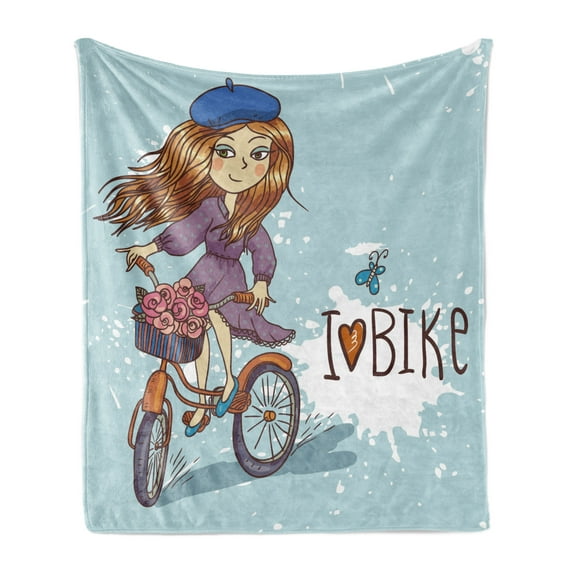 Retro Soft Flannel Fleece Blanket, Cartoon Girl Image with French Hat and a Bike with Flowers Children Image, Cozy Plush for Indoor and Outdoor Use, 50" x 70", Purple Grey and White, by Ambesonne