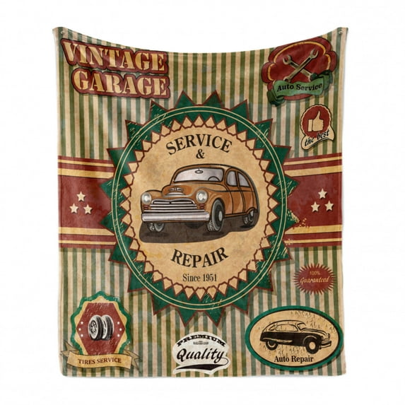 Retro Soft Flannel Fleece Blanket, Composition of Vintage Retro Car Emblem in Faint Color Sixties Dated Irony Art, Cozy Plush for Indoor and Outdoor Use, 50" x 70", Green Red Cream, by Ambesonne