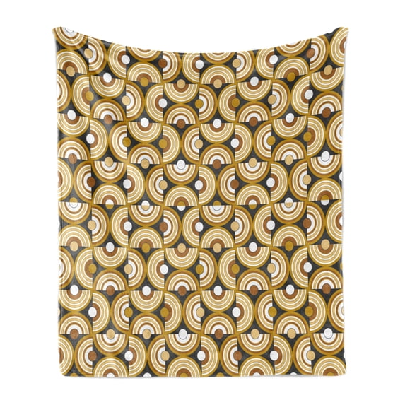 Retro Soft Flannel Fleece Blanket, Funky Abstract Motif Half Circular Inner Round Forms Spiral Hoops Artwork, Cozy Plush for Indoor and Outdoor Use, 70" x 90", Grey Marigold Cinnamon, by Ambesonne