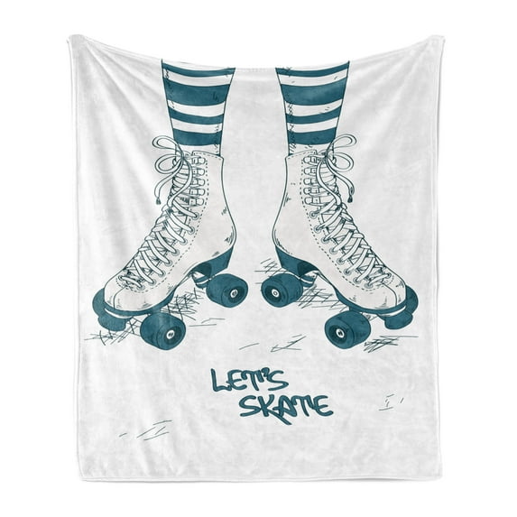 Retro Soft Flannel Fleece Blanket, Girl's Legs in Stripes Stockings and Retro Roller Skates Fun Teen Illustration Print, Cozy Plush for Indoor and Outdoor Use, 50" x 70", Teal White, by Ambesonne