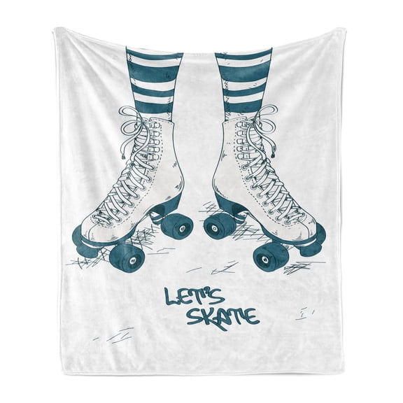Retro Soft Flannel Fleece Blanket, Girl's Legs in Stripes Stockings and Retro Roller Skates Fun Teen Illustration Print, Cozy Plush for Indoor and Outdoor Use, 60" x 80", Teal White, by Ambesonne