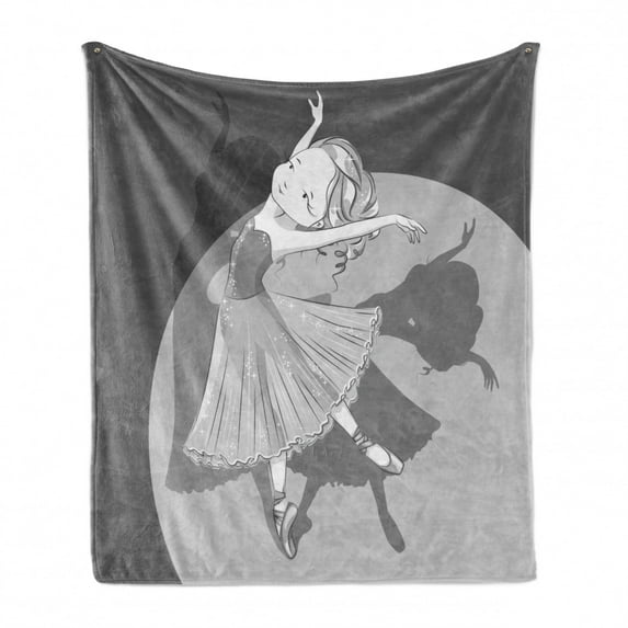 Retro Soft Flannel Fleece Blanket, Greyscale Style Hand Drawn Illustration of Dancing Ballerina Girl with Shadow, Cozy Plush for Indoor and Outdoor Use, 60" x 80", Pale Grey and Grey, by Ambesonne