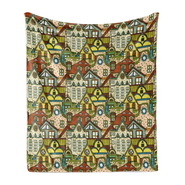 Retro Soft Flannel Fleece Blanket, Hand Drawn Old City in Colorful Tones European Buildings Featured Town Place Picture, Cozy Plush for Indoor and Outdoor Use, 50" x 60", Multicolor, by Ambesonne