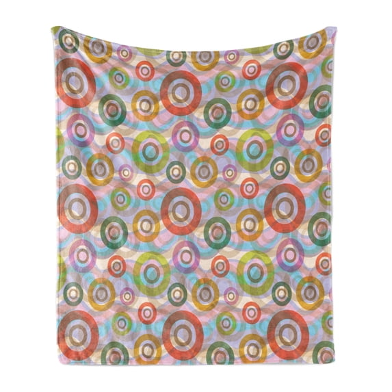 Retro Soft Flannel Fleece Blanket, Hippie Style Punk Sixties Circles Ring Shapes Round in Colors Various Weathered Tones, Cozy Plush for Indoor and Outdoor Use, 70" x 90", Multicolor, by Ambesonne
