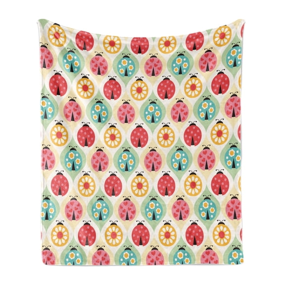 Retro Soft Flannel Fleece Blanket, Ladybugs Cartoon Pattern with Retro Polka Dots Daisy Blossoms and Little Hearts Love, Cozy Plush for Indoor and Outdoor Use, 50" x 70", Multicolor, by Ambesonne