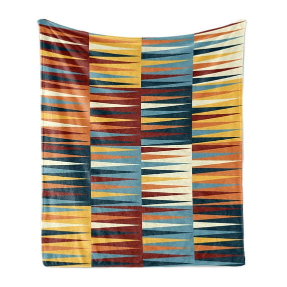 Retro Soft Flannel Fleece Blanket, Long Sharp Edged Horizontal Triangles on Different Color Blocks Creative and Abstract, Cozy Plush for Indoor and Outdoor Use, 70" x 90", Multicolor, by Ambesonne