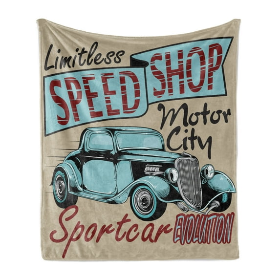 Retro Soft Flannel Fleece Blanket, Nostalgic Advertising Print Antique Sports Auto in Retro Rusty Colors Art Design, Cozy Plush for Indoor and Outdoor Use, 70" x 90", Teal Red Brown, by Ambesonne