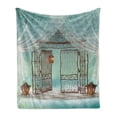 thumbnail image 1 of Retro Soft Flannel Fleece Blanket, Old Gate and Curtain Composition on Checkered Floor Digital Computer Graphics, Cozy Plush for Indoor and Outdoor Use, 50" x 70", Teal Brown White, by Ambesonne, 1 of 6