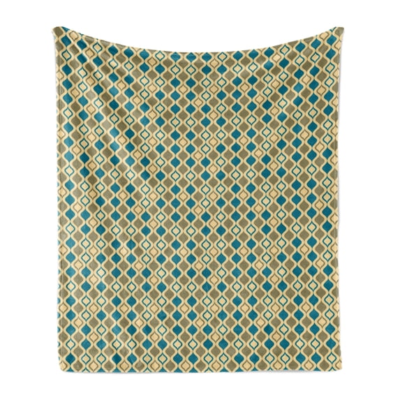 Retro Soft Flannel Fleece Blanket, Ornamental Pattern with Vertical Ogee Shapes with Vintage Design Inspirations, Cozy Plush for Indoor and Outdoor Use, 50" x 70", Cream Beige Blue, by Ambesonne