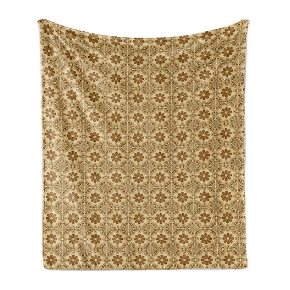 Retro Soft Flannel Fleece Blanket, Prehistoric Oriental Composition of Triangles Dots Flower Leaves Repeating Pattern, Cozy Plush for Indoor and Outdoor Use, 60" x 80", Caramel Tan, by Ambesonne