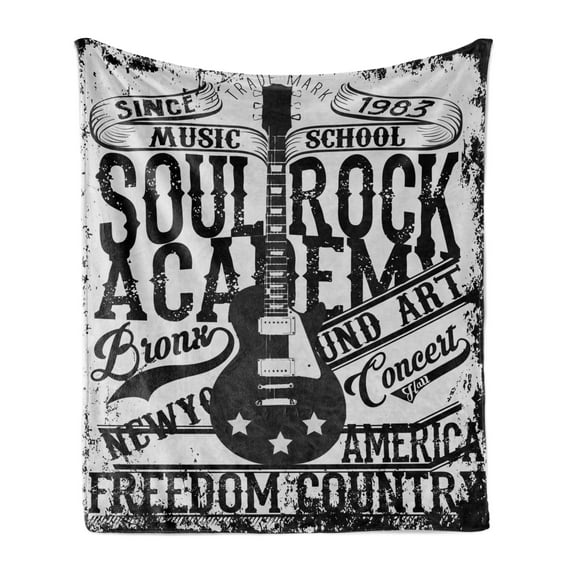 Retro Soft Flannel Fleece Blanket, Soul Rock Academy Theme Music School Electric Guitar Freedom Poster Like Image, Cozy Plush for Indoor and Outdoor Use, 60" x 80", Beige and Black, by Ambesonne