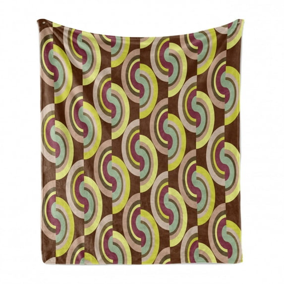 Retro Soft Flannel Fleece Blanket, Vintage Hippie Modern Design with Geometric Colorful Rounds Circles Image, Cozy Plush for Indoor and Outdoor Use, 50" x 70", Lilac Purple and Cocoa, by Ambesonne
