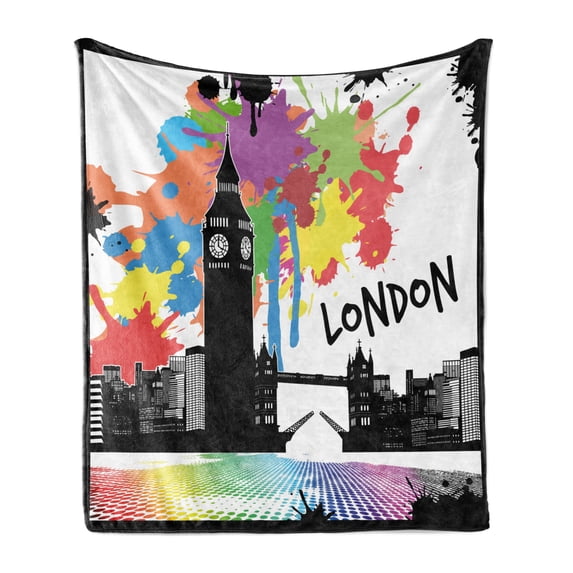 Retro Soft Flannel Fleece Blanket, Vintage London City View with Color Splashes Poster Style Grunge Urban Artwork Image, Cozy Plush for Indoor and Outdoor Use, 70" x 90", Multicolor, by Ambesonne