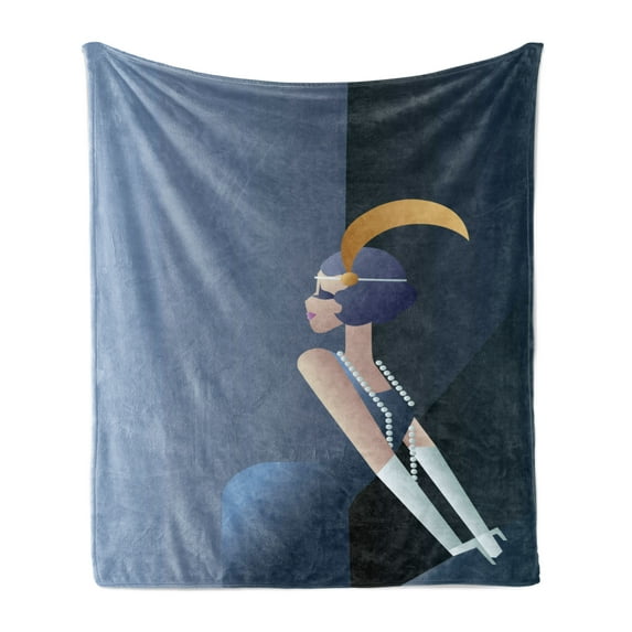 Retro Soft Flannel Fleece Throw Blanket, 20s Style Short Hair Flapper Girl with Pearl Necklace and Hair Band, Cozy Plush for Indoor and Outdoor Use, 60" x 80", Blue Grey and Dark Blue, by Ambesonne