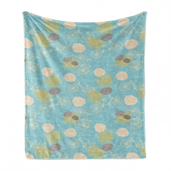 Retro Soft Flannel Fleece Throw Blanket, Bicycles Seashells and Pebbles Patterns Orange Fruit Pips, Cozy Plush for Indoor and Outdoor Use, 70" x 90", Pale Teal Mustard, by Ambesonne