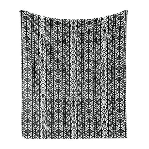 Retro Soft Flannel Fleece Throw Blanket, Boho Pattern in Dark and White Western Native Effects Folk Design, Cozy Plush for Indoor and Outdoor Use, 50" x 60", Grey Black, by Ambesonne
