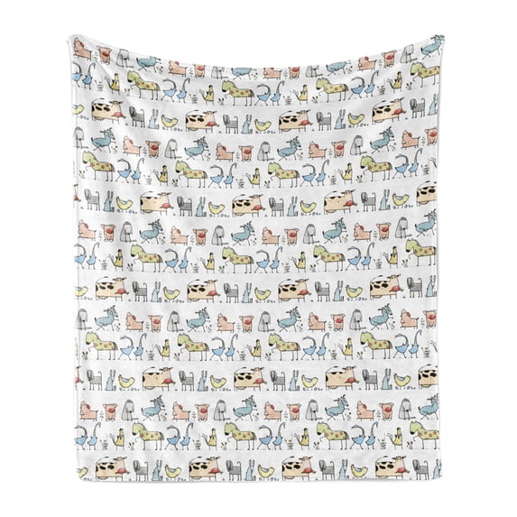 Retro Soft Flannel Fleece Throw Blanket, Cartoon Village of Domestic Animals Goat Goose Sheep Funny Patterns Kids Nursery, Cozy Plush for Indoor and Outdoor Use, 60" x 80", Yellow Beige, by Ambesonne