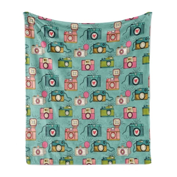 Retro Soft Flannel Fleece Throw Blanket, Cheerful Hipster Pattern Old Analogue Photo Cameras Doodle Style Film Equipment, Cozy Plush for Indoor and Outdoor Use, 50" x 70", Multicolor, by Ambesonne