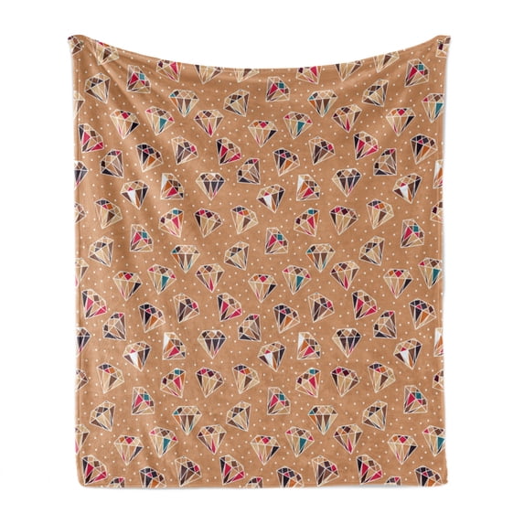 Retro Soft Flannel Fleece Throw Blanket, Colorful Diamond Gemstone Shapes on a Pale Brown Background with White Polka Dots, Cozy Plush for Indoor and Outdoor Use, 50" x 70", Multicolor, by Ambesonne