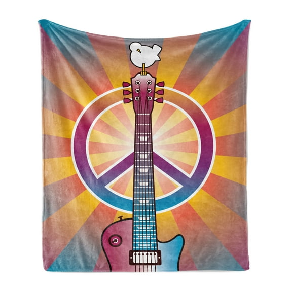Retro Soft Flannel Fleece Throw Blanket, Colorful Guitar and Peace and Dove Dedicated to the Woodstock Tribute, Cozy Plush for Indoor and Outdoor Use, 60" x 80", Multicolor, by Ambesonne