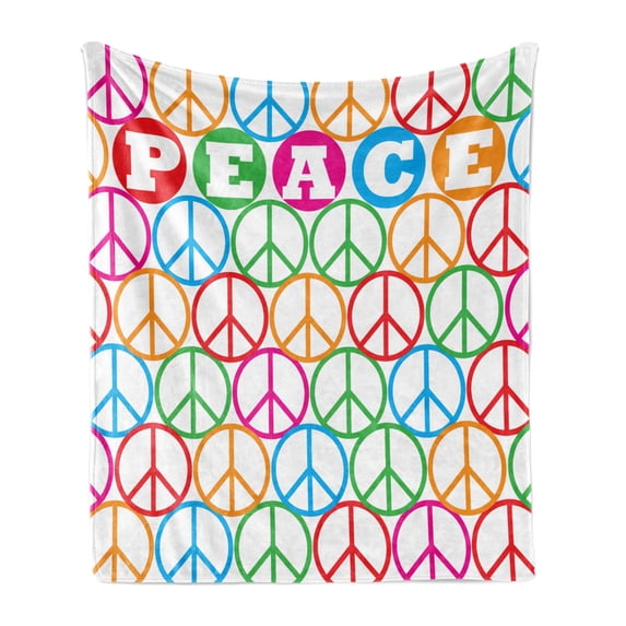 Retro Soft Flannel Fleece Throw Blanket, Colorful Internationally Recognized Peace Sign Letters Counter Culture Print, Cozy Plush for Indoor and Outdoor Use, 70" x 90", Multicolor, by Ambesonne