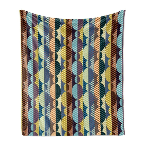 Retro Soft Flannel Fleece Throw Blanket, Composition of Vertically Aligned Colorful and Polka Dotted Circles and Stripes, Cozy Plush for Indoor and Outdoor Use, 70" x 90", Multicolor, by Ambesonne