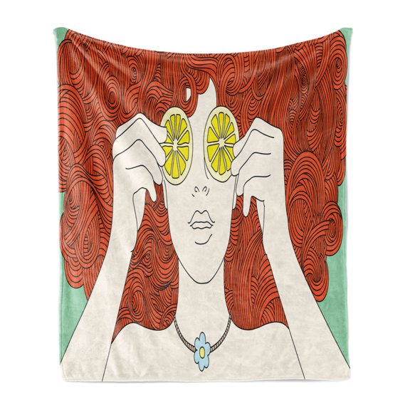 Retro Soft Flannel Fleece Throw Blanket, Curly Ginger Hair Girl Covering Her Eyes with Lemon Slices Female Portrait, Cozy Plush for Indoor and Outdoor Use, 60" x 80", Multicolor, by Ambesonne