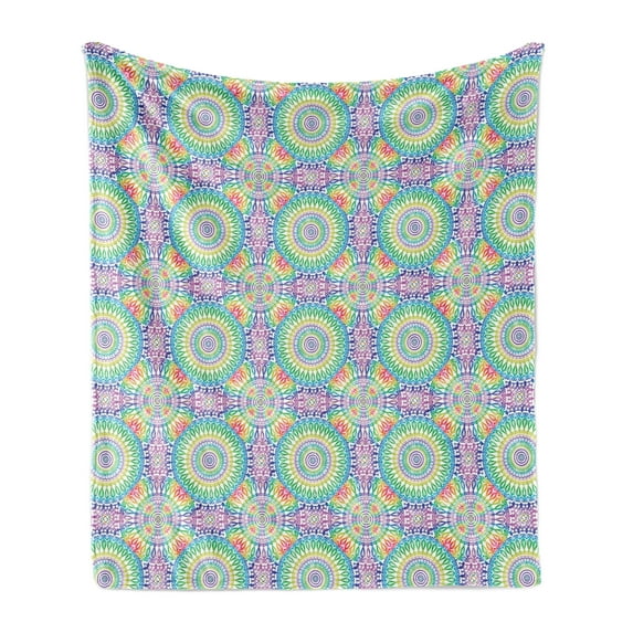 Retro Soft Flannel Fleece Throw Blanket, Ethnic Design Hippie Art Mandala with Rainbow Colors Trippy Medallion LGBT Pride, Cozy Plush for Indoor and Outdoor Use, 50" x 70", Multicolor, by Ambesonne