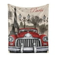 thumbnail image 1 of Retro Soft Flannel Fleece Throw Blanket, European Parisian City Scenery with Old Auto Mousque and Eiffel Silhouette Art, Cozy Plush for Indoor and Outdoor Use, 60" x 80", Red Cream Grey, by Ambesonne, 1 of 5