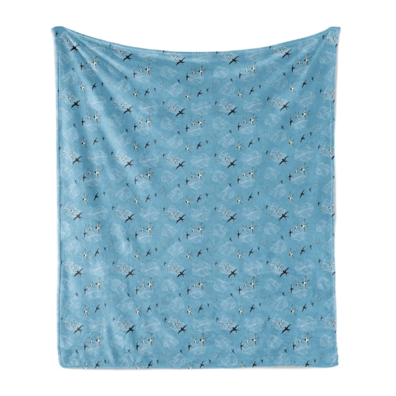 Retro Soft Flannel Fleece Throw Blanket, Flying Swallow Birds Abstract Clouds Lines Soft and Pastel Style Image, Cozy Plush for Indoor and Outdoor Use, 60" x 80", Blue and Charcoal Grey, by Ambesonne