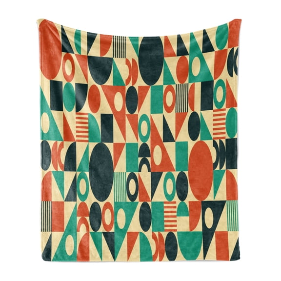 Retro Soft Flannel Fleece Throw Blanket, Geometric Illustration of Continuing Circles Triangles and Squares and Stripes, Cozy Plush for Indoor and Outdoor Use, 50" x 70", Multicolor, by Ambesonne