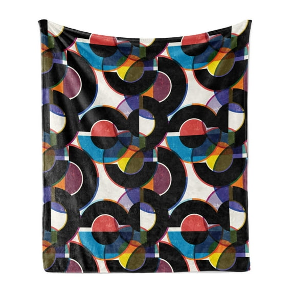 Retro Soft Flannel Fleece Throw Blanket, Geometrical Theme Abstract Shapes and Colorful Circles in Vintage Style Theme, Cozy Plush for Indoor and Outdoor Use, 60" x 80", Multicolor, by Ambesonne